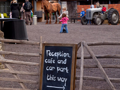 A-board with sign to reception and cafe with Somerset Rural Life Museum in the background