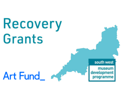 Map of South West with Art Fund and South West Museum Development logo and the text 'Recovery Grants'