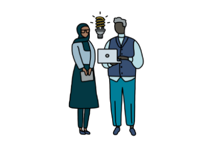 A cartoon image of a man and a woman standing up. The man is holding a laptop and a lightbulb is between them, indicating the concept of a new idea.