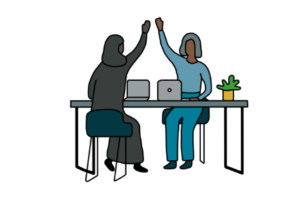 Cartoon image of two women sitting on opposite sides of a desk with their laptops. They are high fiving.