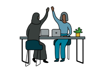 Cartoon image of two women sitting on opposite sides of a desk with their laptops. They are high fiving.