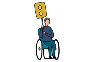 A cartoon image of a man in a wheelchair holding a traffic light.