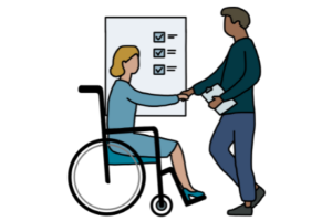 A man shakes a woman in a wheelchair by the hand. There is a completed checklist in the background.