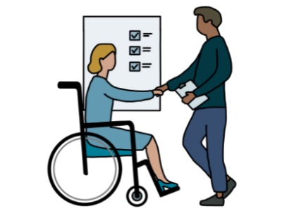 A man shakes a woman in a wheelchair by the hand. There is a completed checklist in the background.