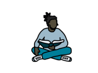 a cartoon image of a man sitting cross legged reading a book.