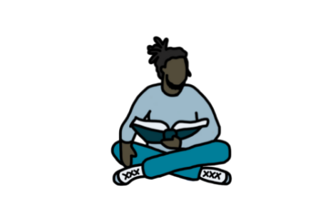a cartoon image of a man sitting cross legged reading a book.