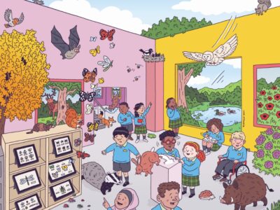 Illustration of children interacting with nature in a classroom.