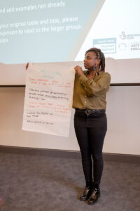 A black woman stands in front of a screen, holding a sheet of flipchart paper with examples of affinity bias written on it. 